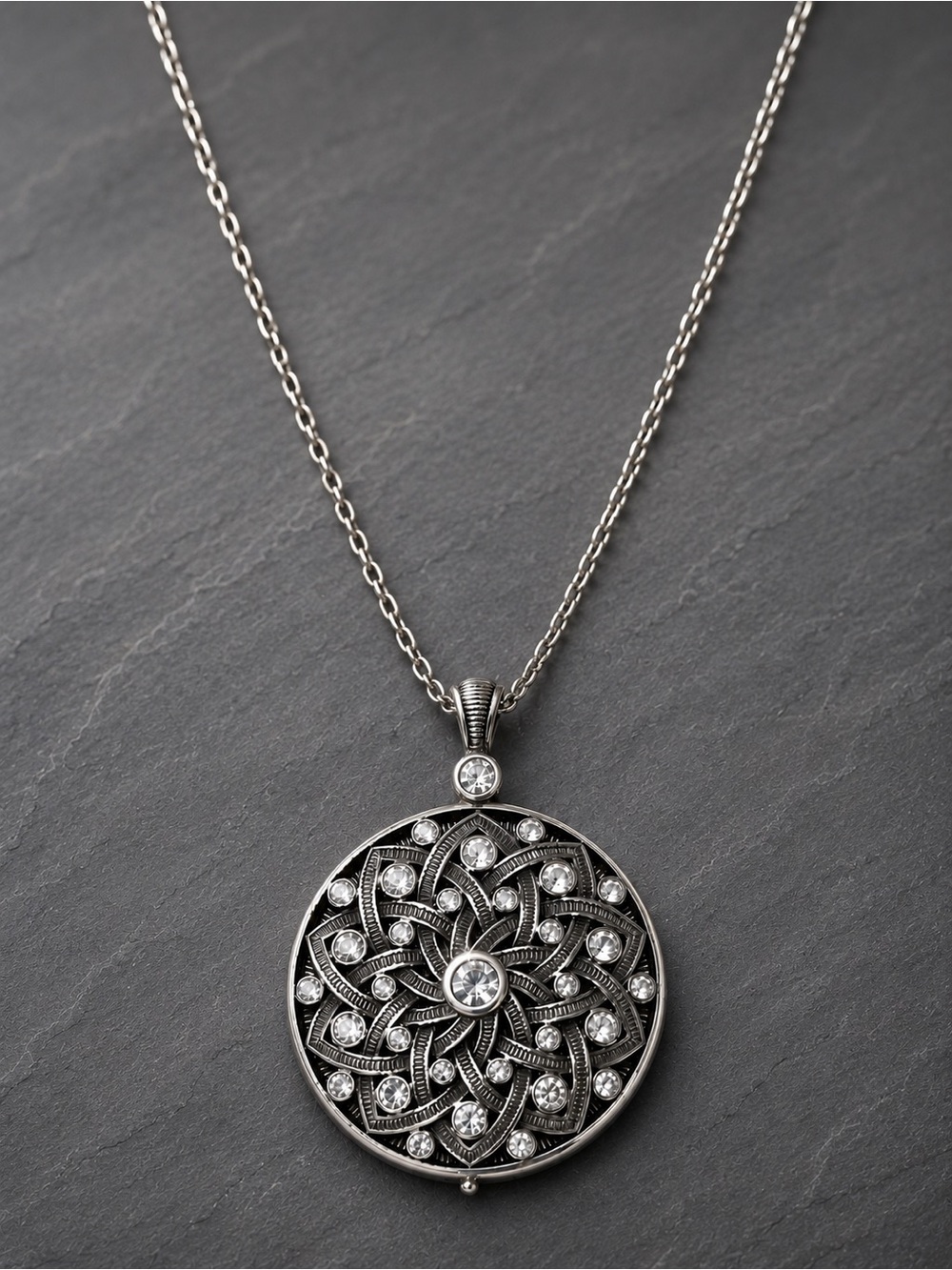 Brighton Vintage Crystal Mandala Mirror Locket Necklace Silver Tone Long Pendant